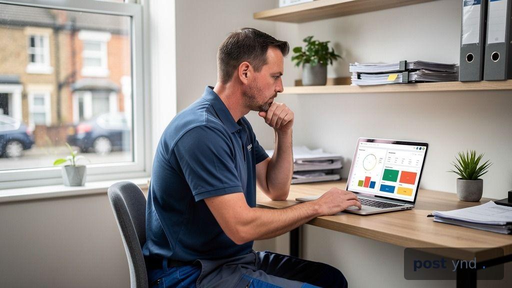 A UK service business owner reviews a SaaS dashboard on their laptop in a home office.
