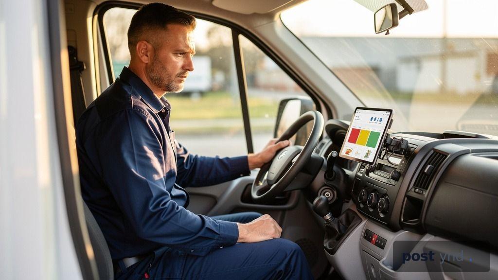 A plumber in the UK using a tablet in his van to manage his schedule with a SaaS application.