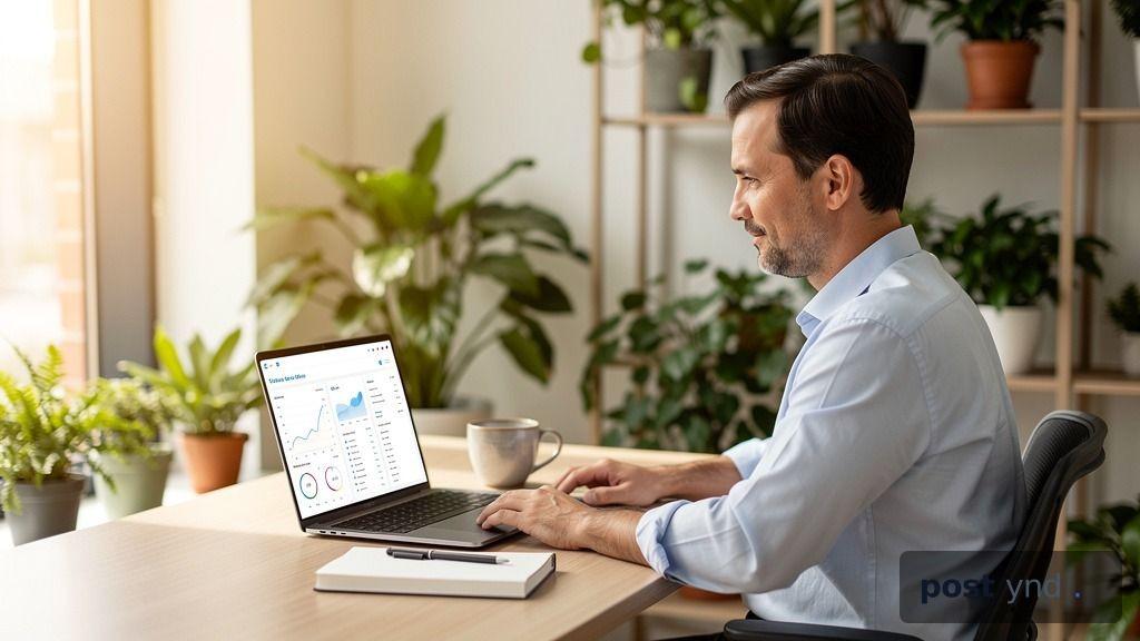 A local business owner reviewing content on a laptop in a bright office, representing Google Local Services content strategy