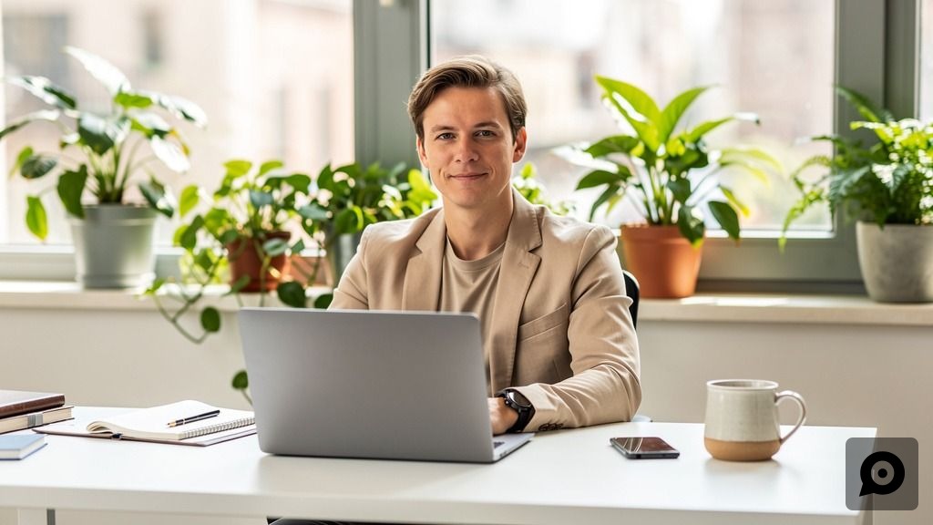 A business owner calmly managing customer chat conversations on a laptop in a bright office, representing live chatbot handover to a human agent.