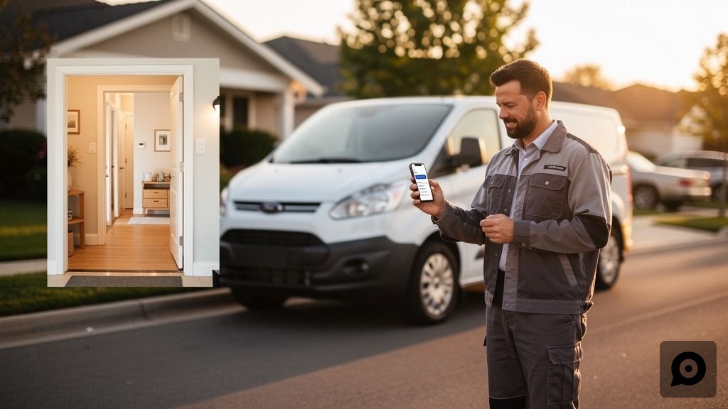 Tradesperson checking a customer support chat notification on a smartphone beside a work van, representing AI customer support for trades businesses reducing missed emergency jobs