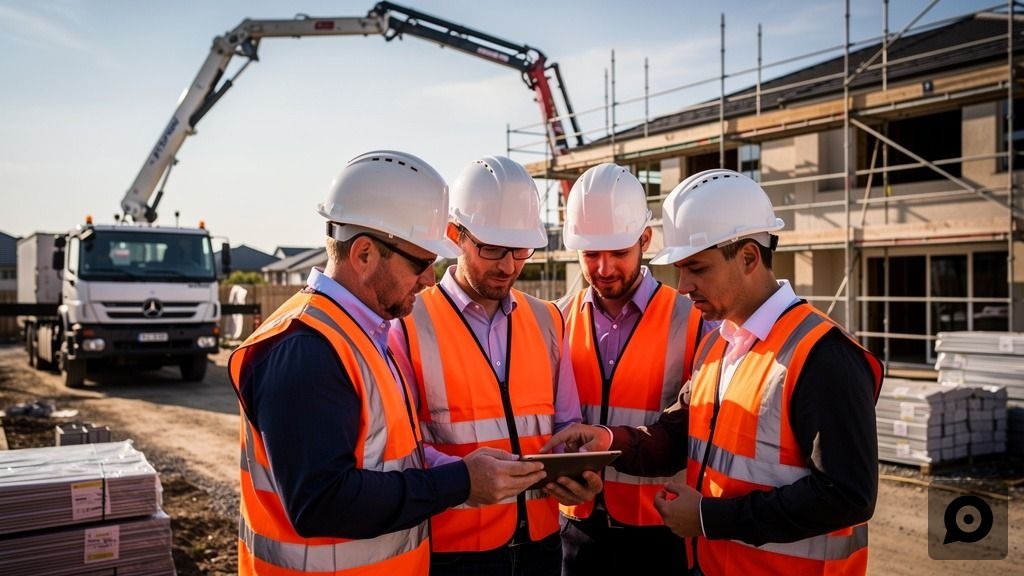 Construction workers in hi-vis vests reviewing a tablet on a residential building site, representing construction web chat lead management