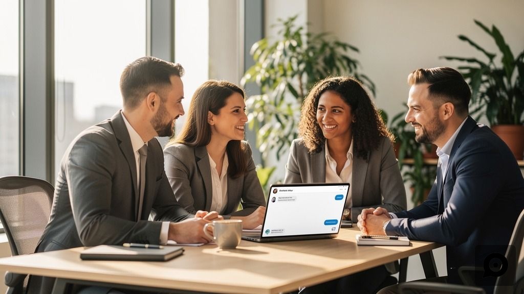 A small team reviewing a customer support chatbot interface on a laptop in a bright modern office