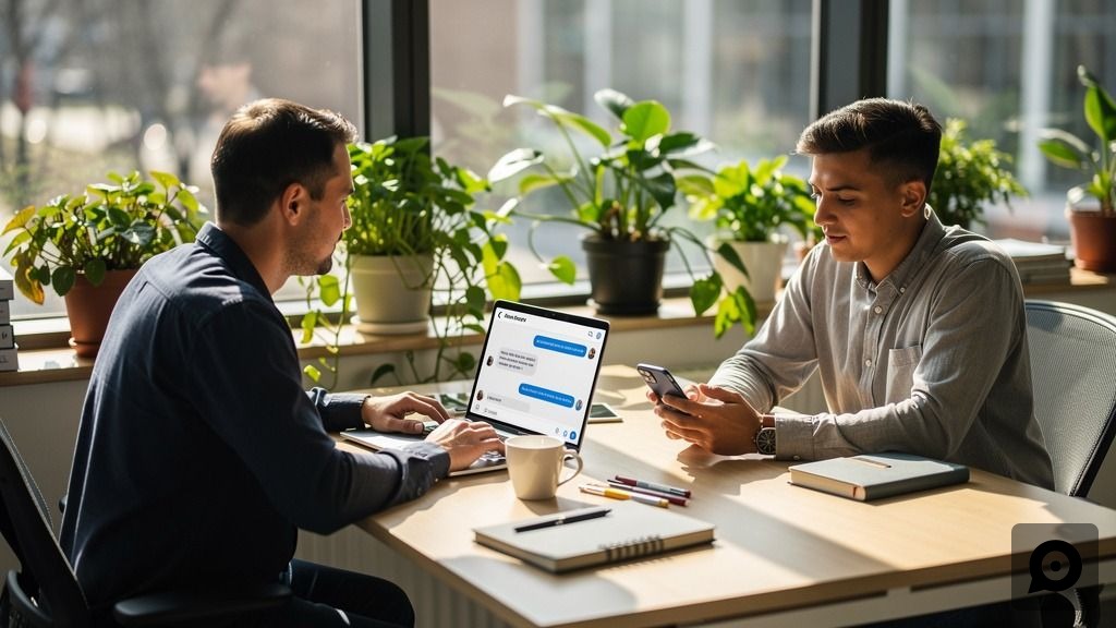 Customer support team working together at a bright office desk, one checking a laptop chat conversation and another on their phone, representing human when it matters support handover