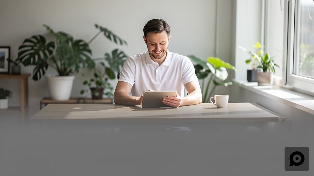 A business owner calmly reviewing customer support analytics on a tablet in a bright, modern office, demonstrating compliant UK customer support.
