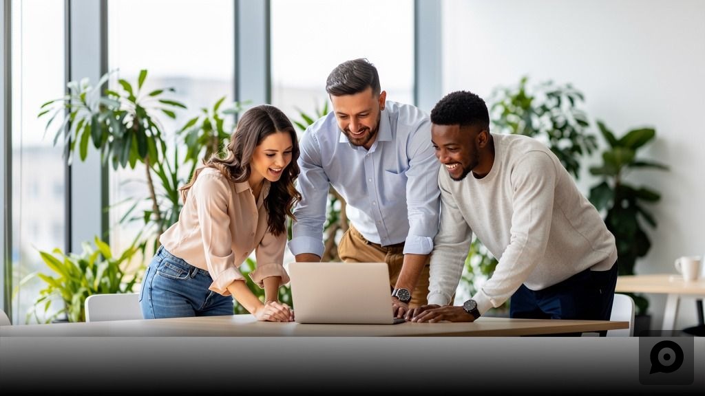 A team of professionals in a bright office collaborating around a laptop, discussing UK business compliance for 2026.