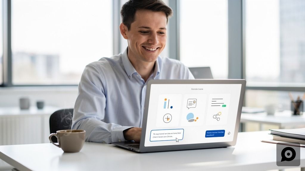 A business owner at their desk, looking confidently at their website which features an on-site AI chatbot widget.