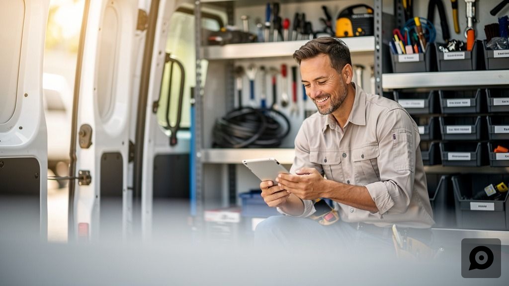 A local service business owner in his van, looking at a tablet with a confident smile, representing efficient digital customer support.