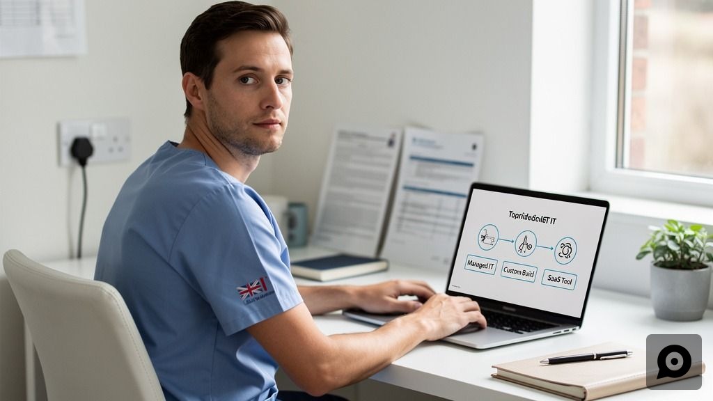 A UK business owner at a desk considers their IT support options, displayed on a laptop screen as Managed IT, Custom Build, or a SaaS Tool.