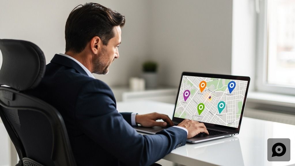 A business owner reviews their local service area on a map displayed on a laptop, planning their local SEO strategy.